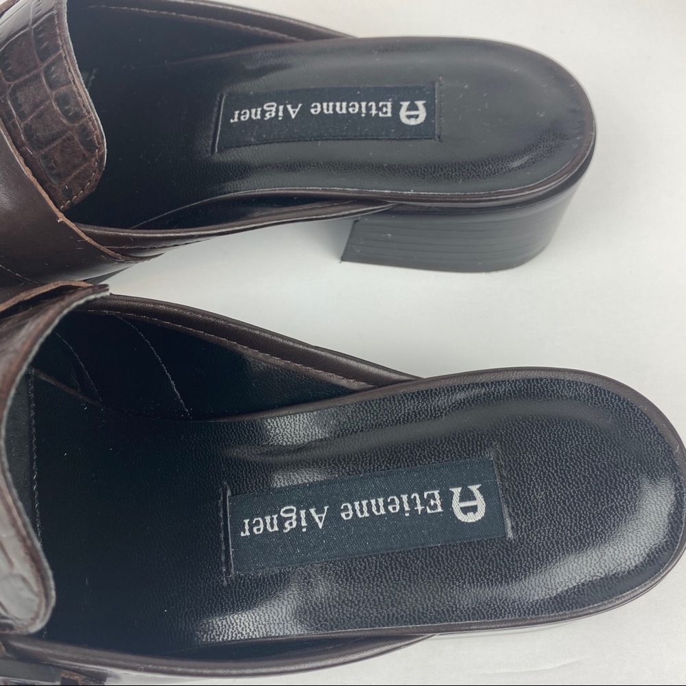 ETIENNE AIGNER Brown Croc‑Embossed Leather Mules Sz 7 1½" Heel Slip‑On Loafer - Picture 5 of 9